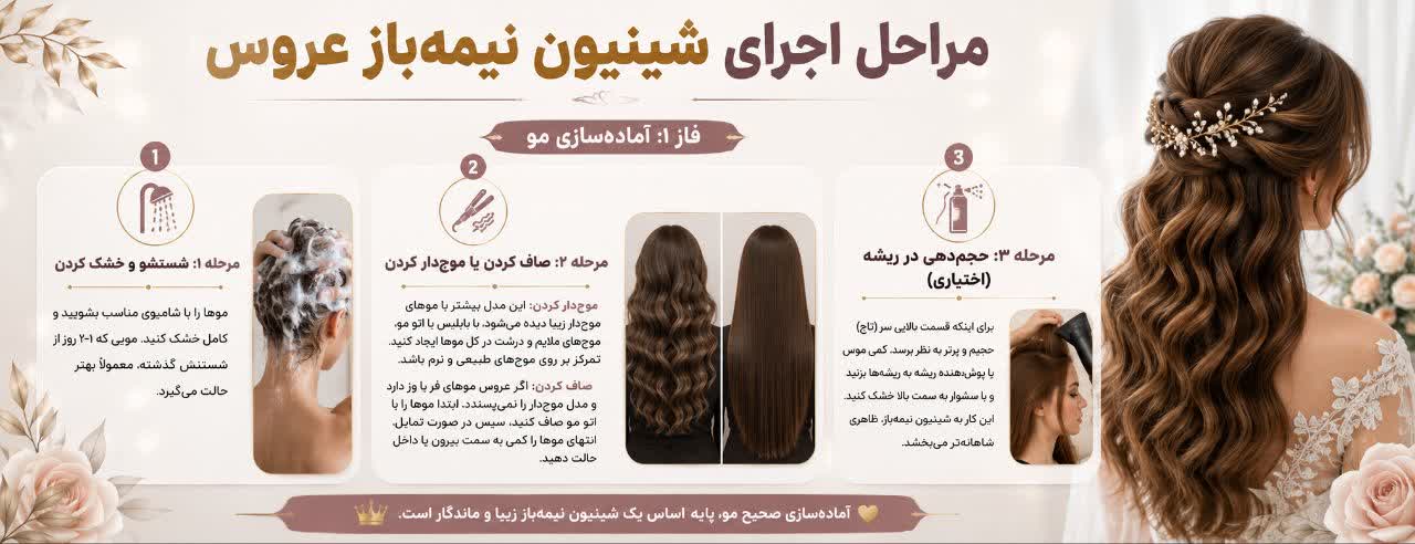 مراحل اجرای شینیون نیمه‌باز عروس - الگوریتمی و قدم به قدم